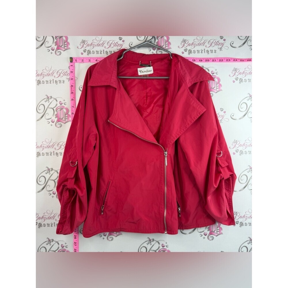 TanJay jacket coat zip up red Women's Hot Pink Asymmetrical Zip Trench Jacket